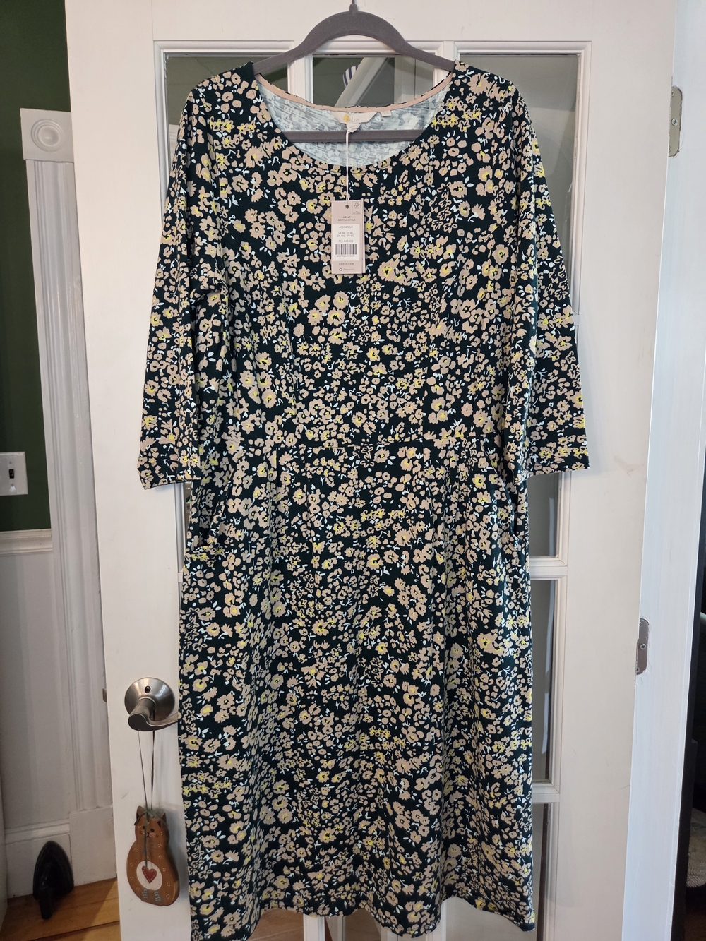 Boden Green Floral Midi Dress with Cream & Pale Yellow Flowers - Size 14L